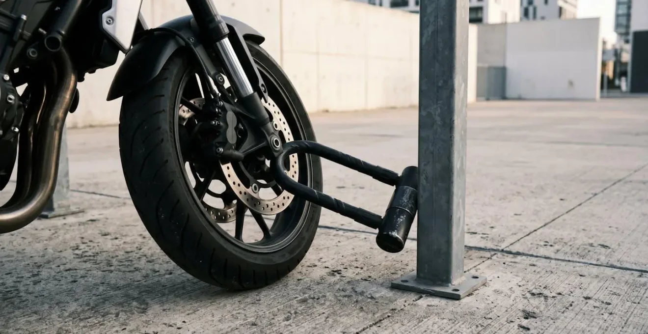 Antivol mécanique haute sécurité fixé sur une moto dans un environnement de stationnement