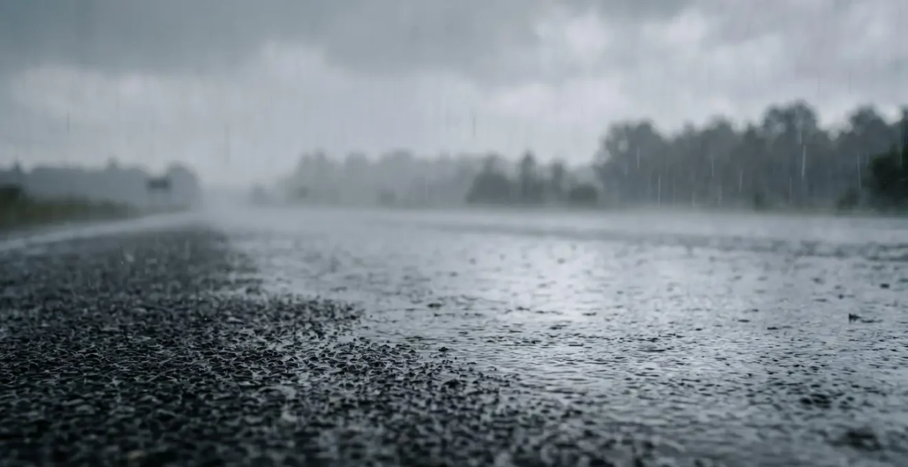 Vue environnementale d'une route mouillée avec reflets de pluie et espace négatif évoquant le danger de l'aquaplaning
