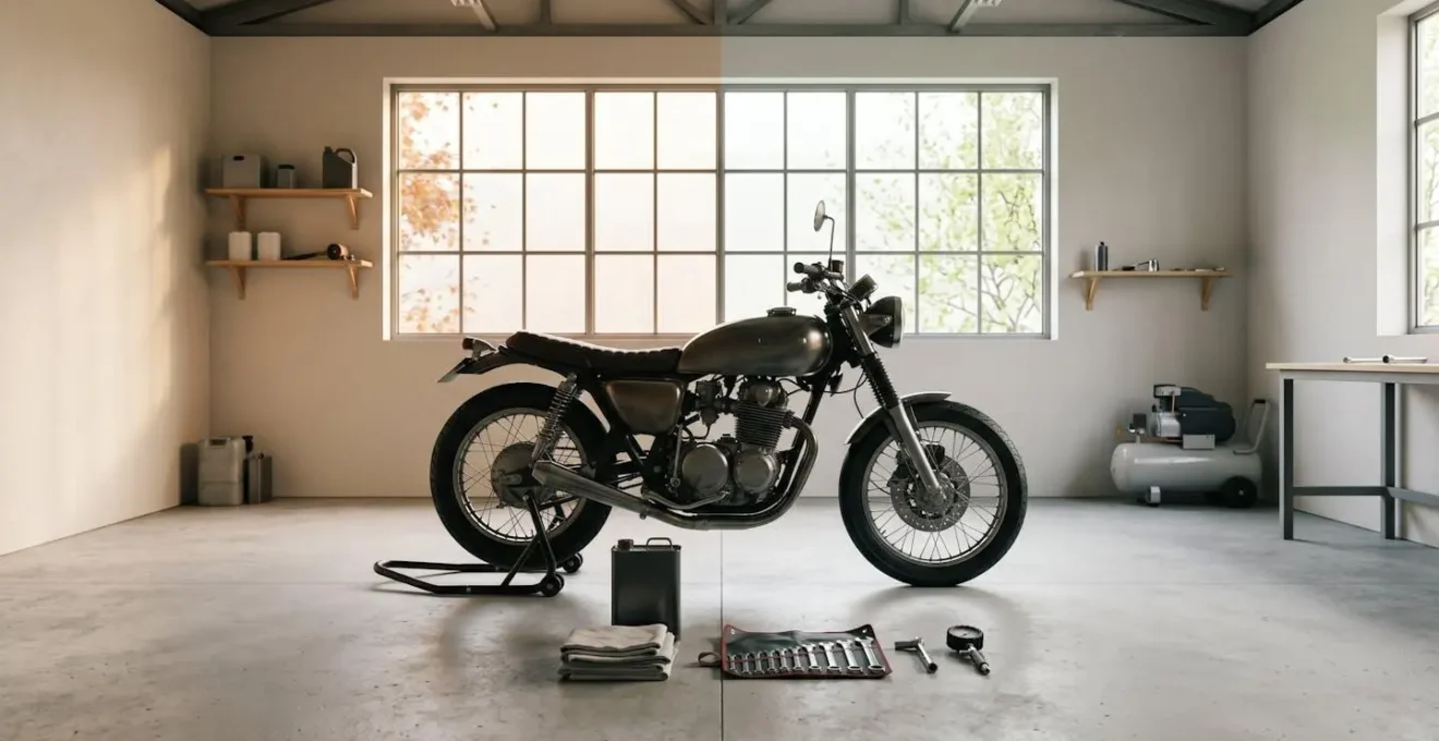 Vue d'ensemble minimaliste représentant les trois phases du calendrier d'entretien saisonnier d'une moto