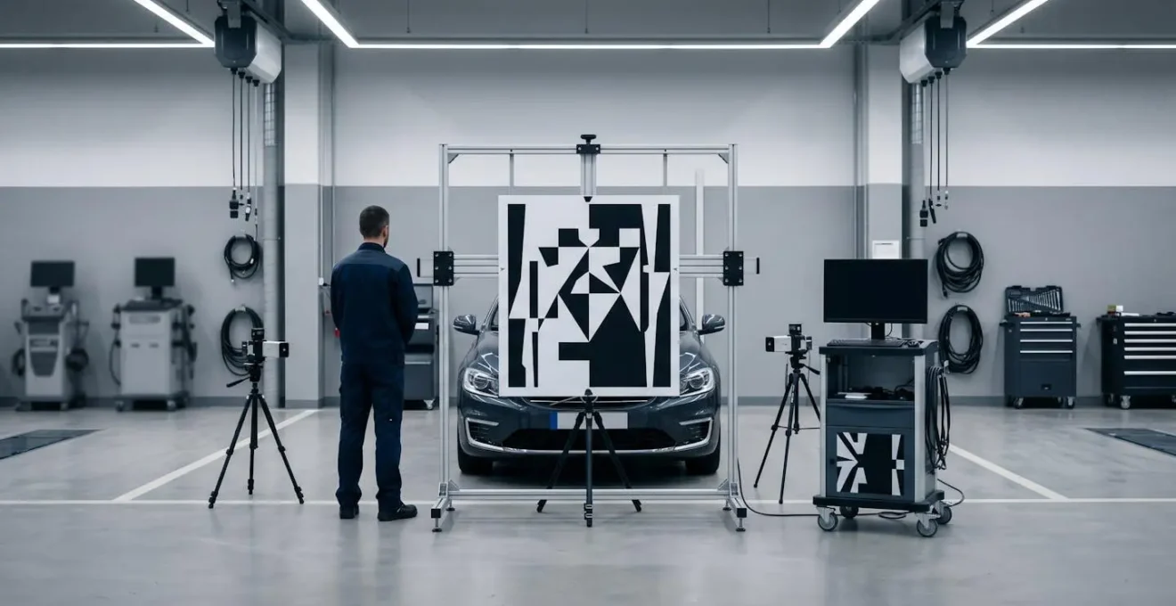 Équipement professionnel de calibrage ADAS avec mire de calibration en atelier automobile