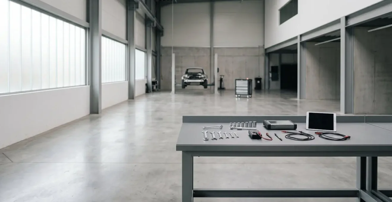 Scène minimaliste représentant symboliquement une expertise automobile dans un environnement épuré