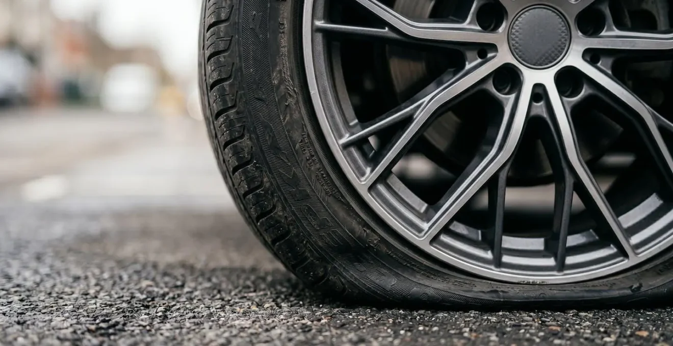 Gros plan sur un pneu de voiture moderne à plat nécessitant une assistance
