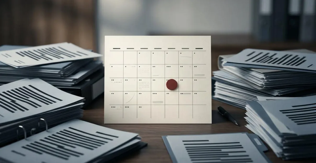 Calendrier symbolique marquant l'échéance des 4 mois du certificat WW avec documents administratifs en arrière-plan flou