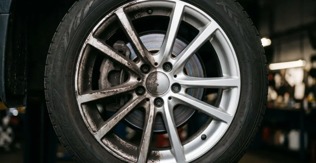Gros plan sur une jante de voiture montrant des traces de surchauffe et accumulation de poussière de frein