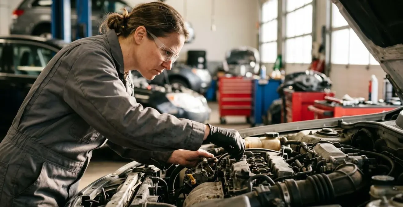 Expert automobile examinant minutieusement le moteur d'un véhicule dans un garage professionnel