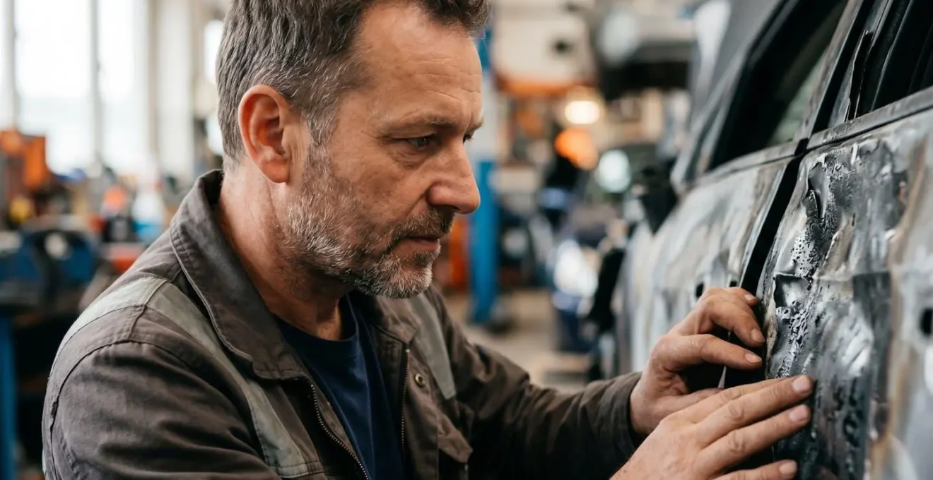 Expert automobile examinant de près les détails techniques d'un véhicule endommagé