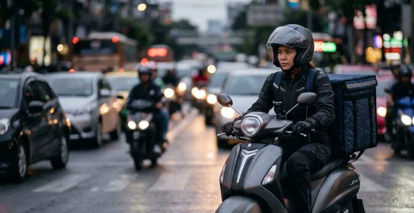 Coursier en scooter 125 dans un environnement urbain dense avec sac de livraison sans marque visible