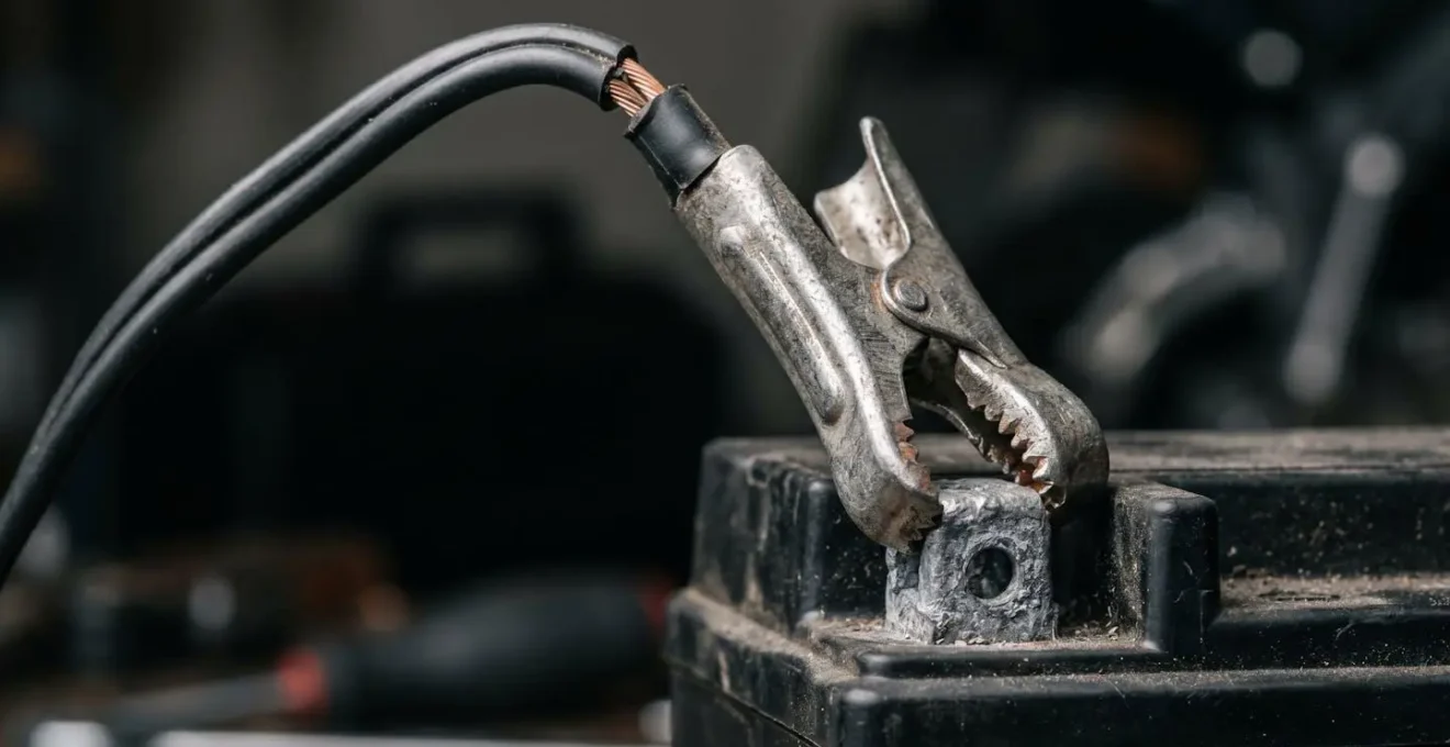 Gros plan détaillé sur le système de charge intelligent d'une batterie de moto pendant l'hivernage
