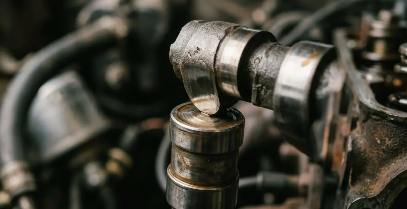 Gros plan sur un arbre à cames de moteur classique avec poussoirs à linguet plats nécessitant une lubrification renforcée au zinc