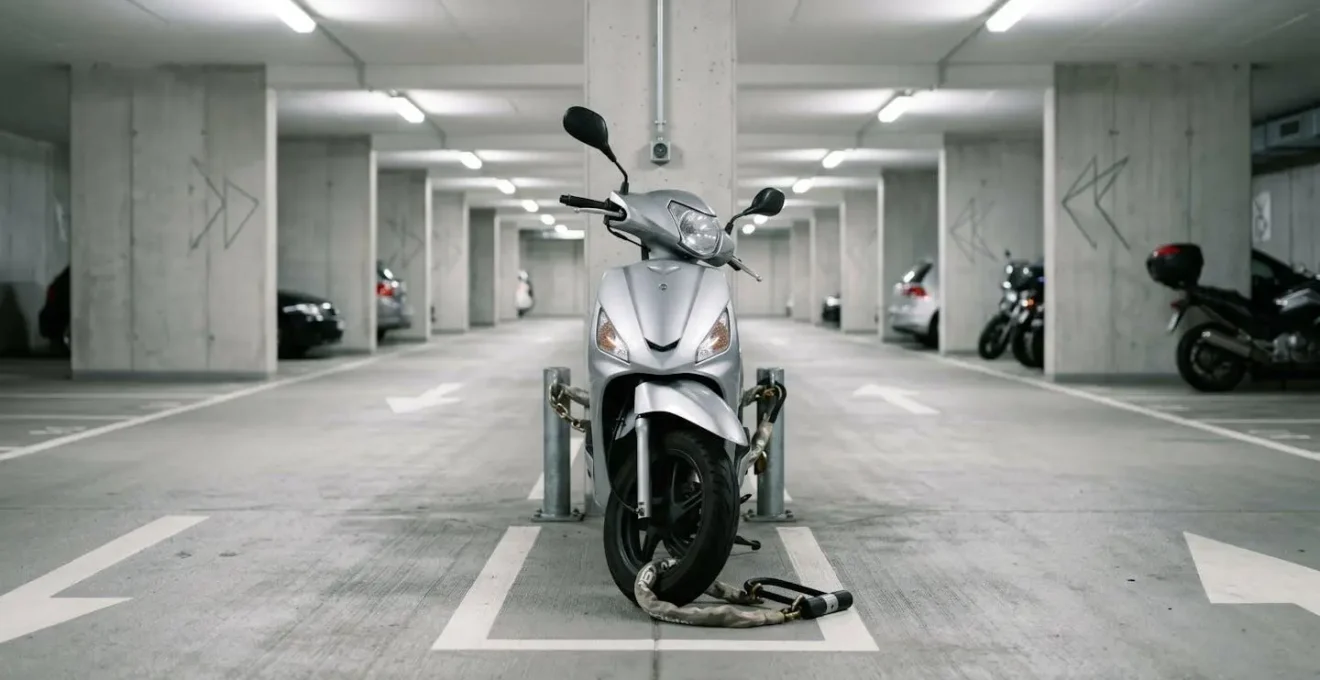 Scooter stationné dans un parking souterrain sécurisé avec système antivol visible et éclairage ambiant