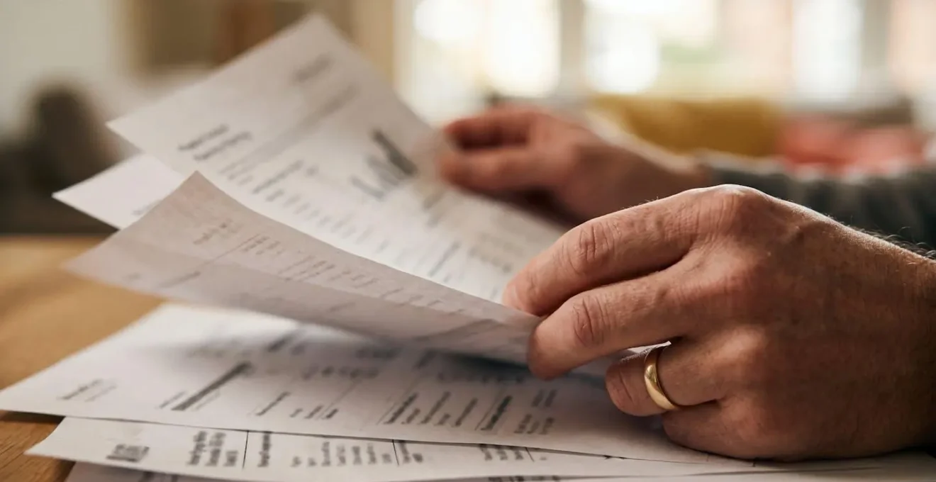 Gros plan sur des mains tenant des documents financiers dans un environnement domestique chaleureux