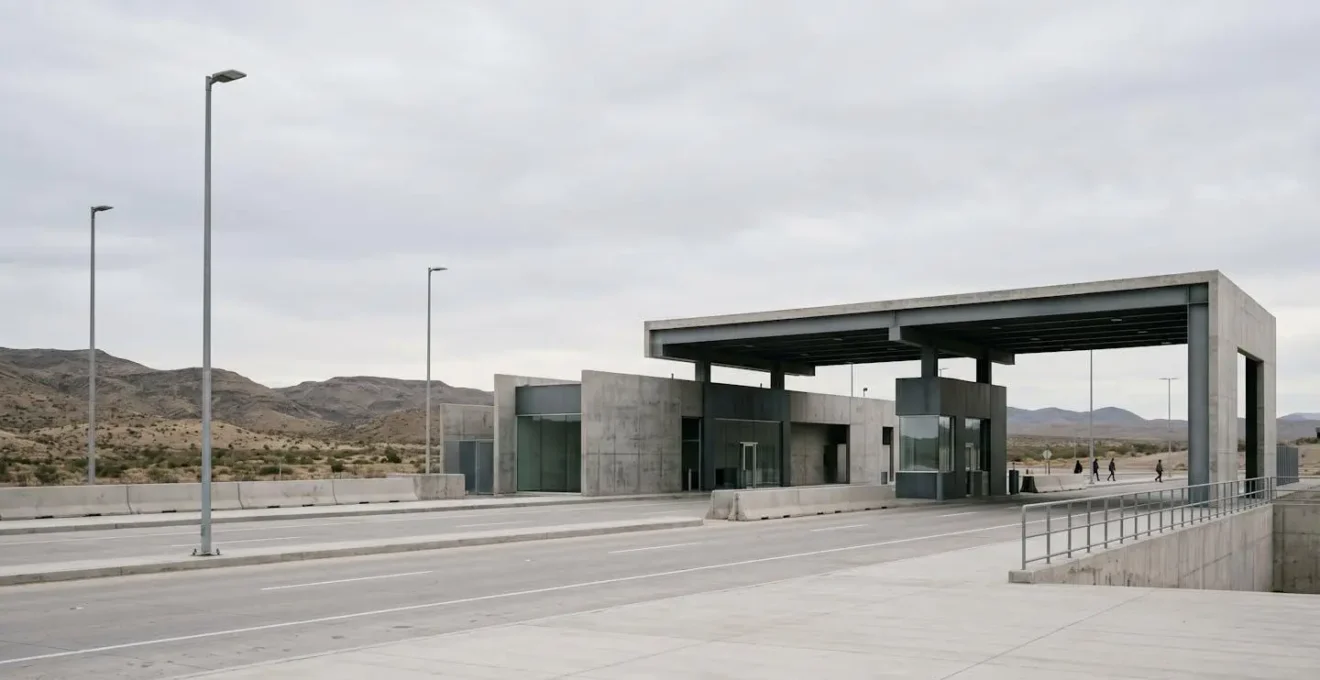 Vue environnementale d'un espace de contrôle frontalier avec architecture minimaliste et lumière naturelle