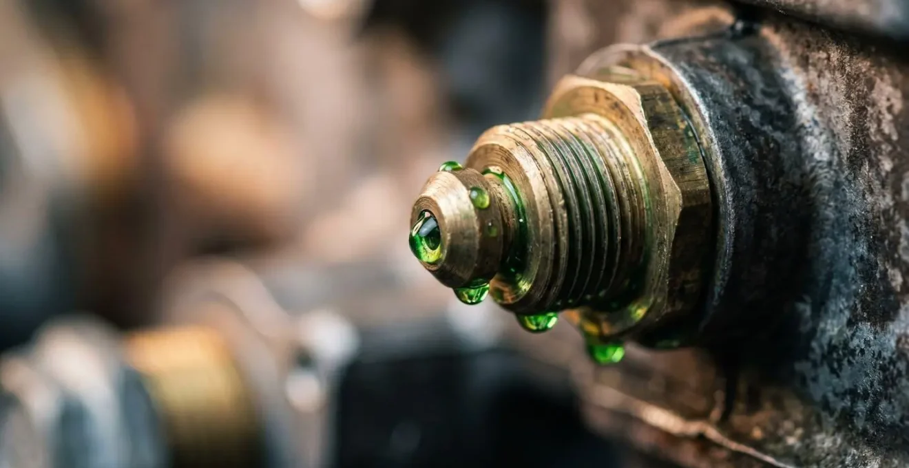 Détail macro d'une vis de purge du circuit de refroidissement avec liquide s'écoulant
