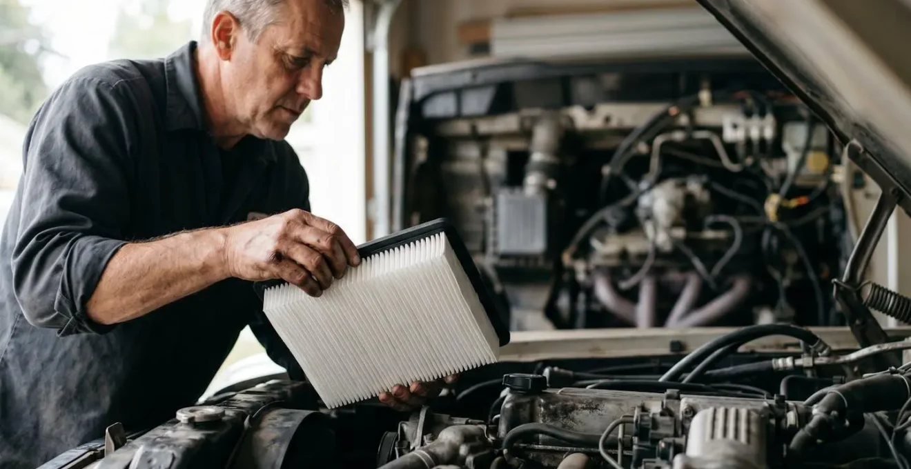 Mains d'un mécanicien amateur installant un filtre à air neuf dans le compartiment moteur