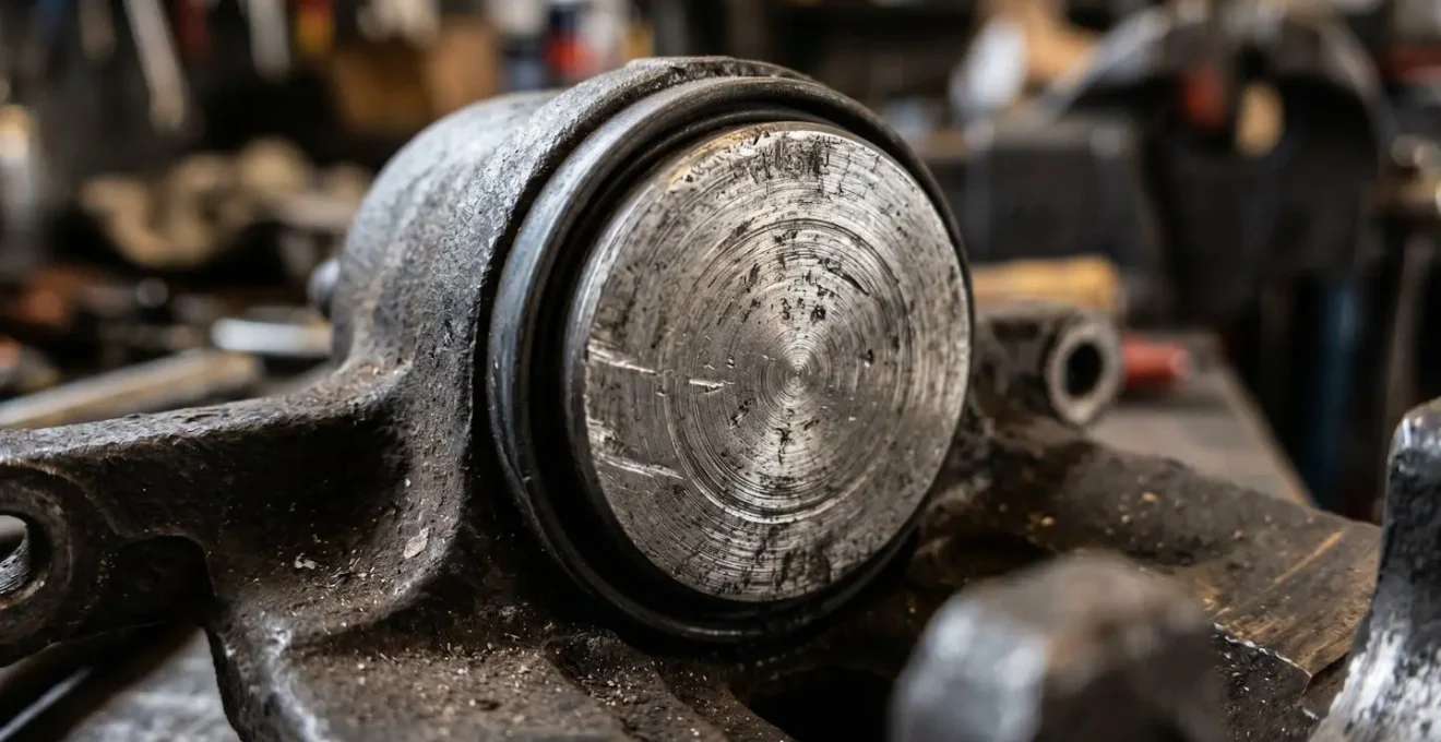 Gros plan technique sur le mécanisme de piston d'étrier de frein lors d'une intervention