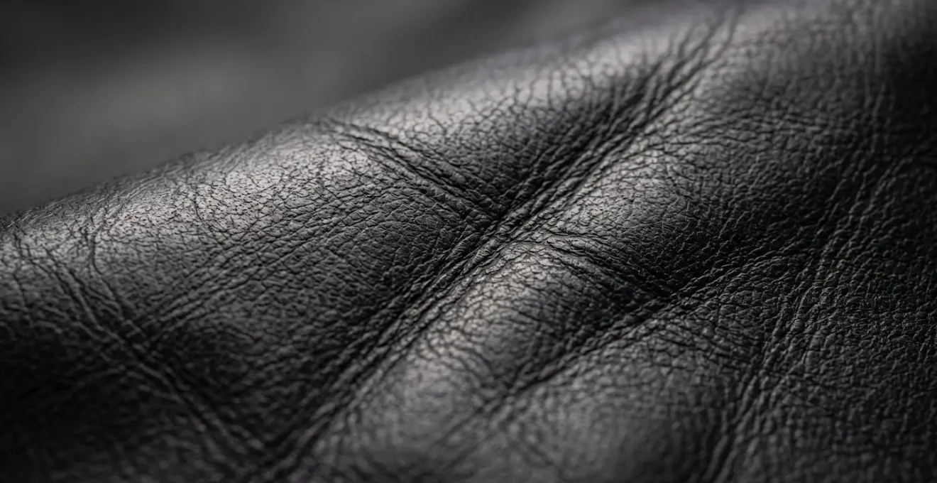 Gros plan sur la texture détaillée du cuir d'équipement moto montrant la qualité du matériau