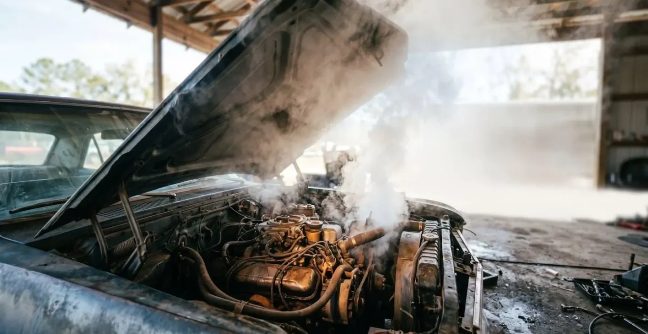 Vapeur s'échappant du compartiment moteur illustrant le danger de surchauffe