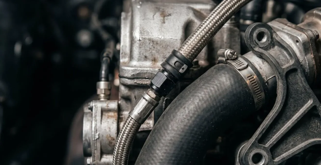 Vue macro sur un compartiment moteur avec des éléments métalliques et des surfaces brandless en gros plan