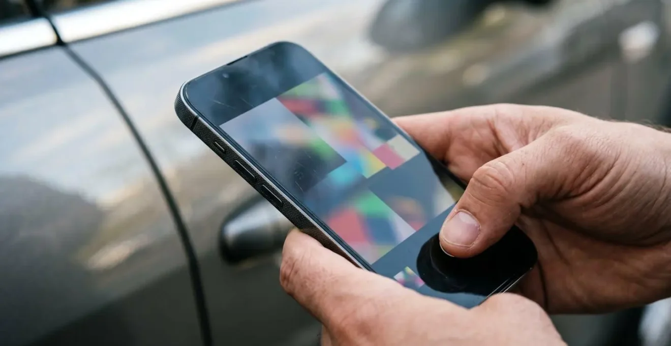 Gros plan sur des mains tenant un smartphone effectuant une inspection photographique détaillée d'une carrosserie de voiture