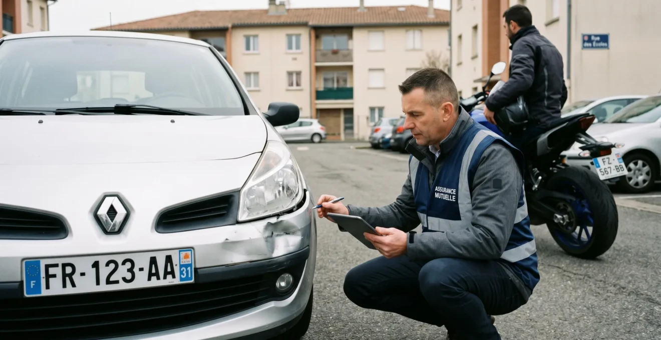 Expert en assurance inspectant les dommages d'un véhicule tiers après accident, motard debout près de sa moto intacte en arrière-plan