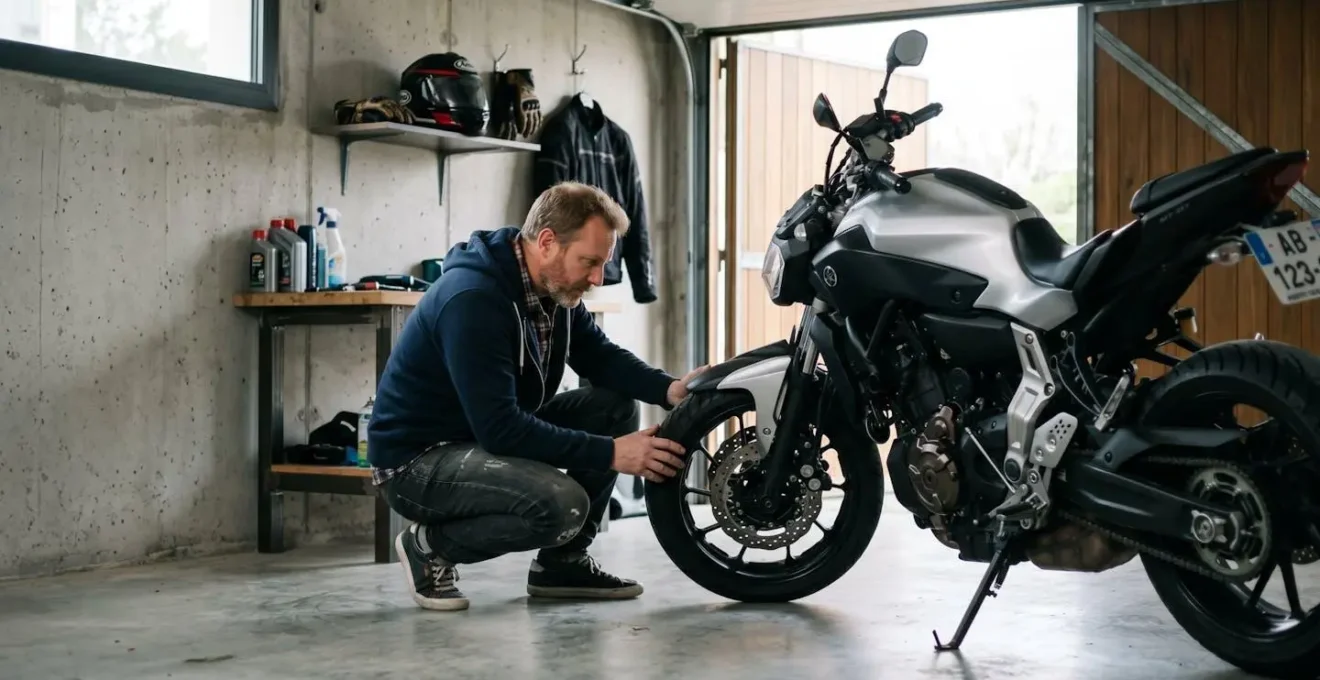 Motard inspectant sa moto roadster dans son garage résidentiel contemporain, équipements de protection visibles sur étagère murale